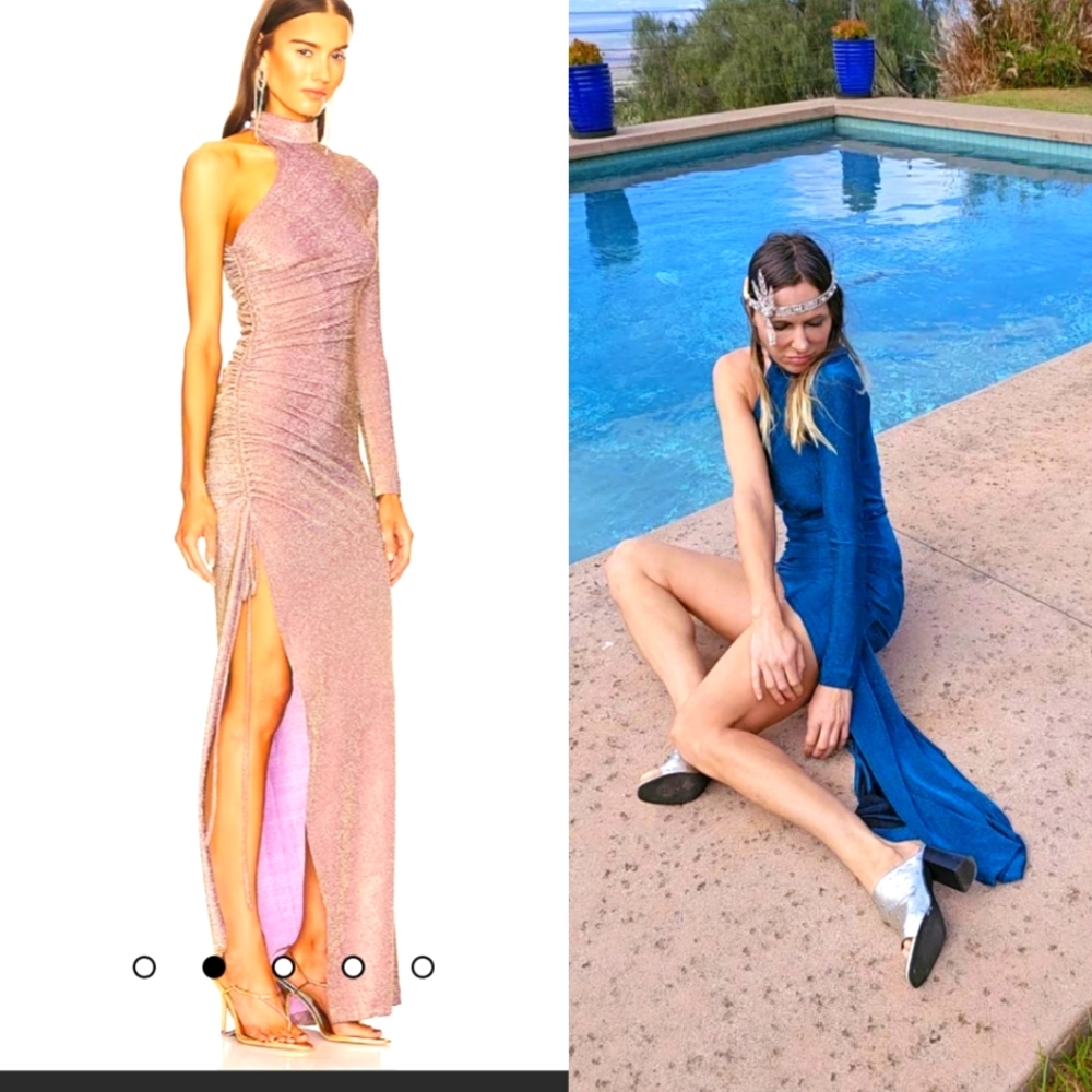Nwt Kim Shui Shiny metallic Blue 1 shoulder sparkle slit maxi dress S